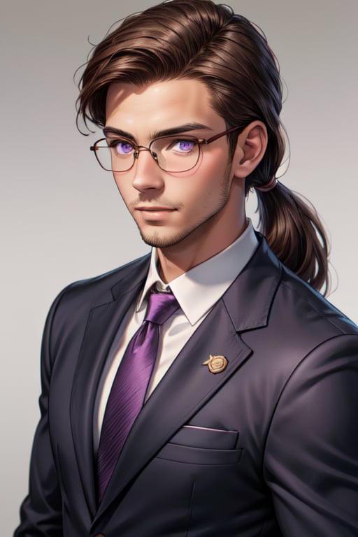 A tall, handsome, handsome young man with brown hair, he has long chocolate-colored hair gathered in a tight low ponytail on the back of his head and combed back, glasses, lilac eyes, he is dressed in a suit. Masterpiece, beautiful face, perfect image, realistic photos, 8k, detailed image, extremely detailed illustration, a real masterpiece of the highest quality, with careful drawing. SailorStarMaker
