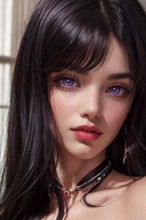 An incredibly beautiful young femme fatale is a brunette with purple eyes, she has a red dress, long straight black hair, long bangs.  Masterpiece, detailed study of the face, beautiful face, beautiful facial features, perfect image, realistic shots, detailed study of faces, full-length image, 8k, detailed image, extremely detailed illustration, a real masterpiece of the highest quality, with careful drawing. masterpiece, WOWAI, belle (PnMakeEnh),Black haired beauty