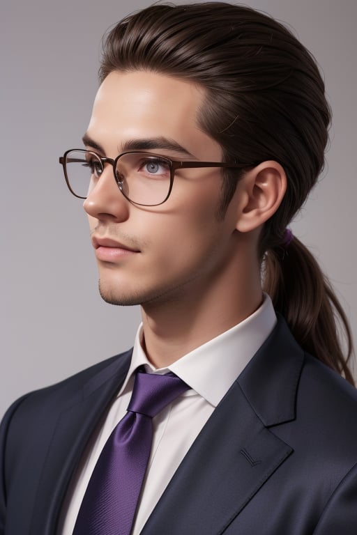 A tall, handsome, handsome young man with brown hair, he has long chocolate-colored hair gathered in a tight low ponytail on the back of his head and combed back, glasses, lilac eyes, he is dressed in a suit. Masterpiece, beautiful face, perfect image, realistic photos, 8k, detailed image, extremely detailed illustration, a real masterpiece of the highest quality, with careful drawing. SailorStarMaker, low ponytail on the back of the head, hair combed back.