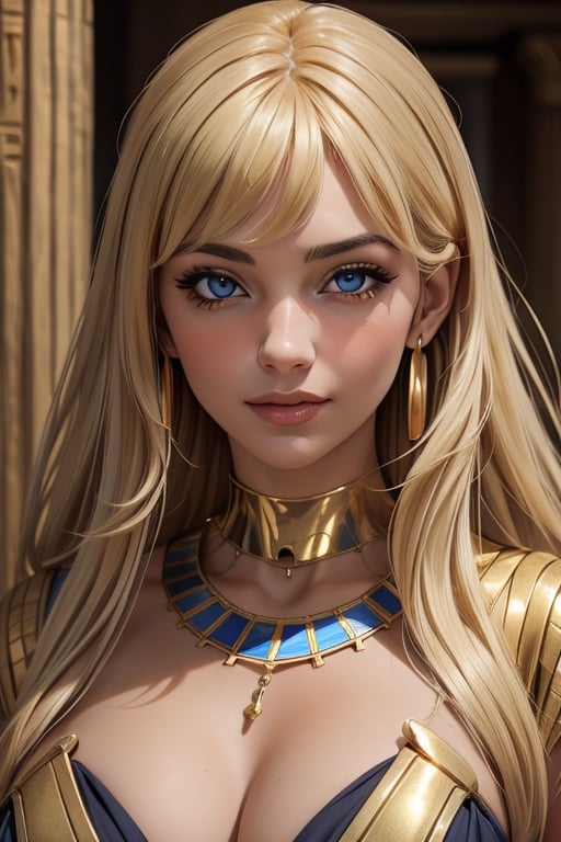 An incredibly beautiful young femme fatale is a golden-haired blonde with blue eyes, long golden hair and long bangs, dressed in long ancient Egyptian clothes. Masterpiece, perfect image, realistic shots, detailed study of faces, full-length image, 8k, detailed image. extremely detailed illustration, a real masterpiece of the highest quality, with careful drawing. Full-length image. mature woman, egypt, egyptian, mature woman,, ancient egyptian clothes,EPsmSailorVenus