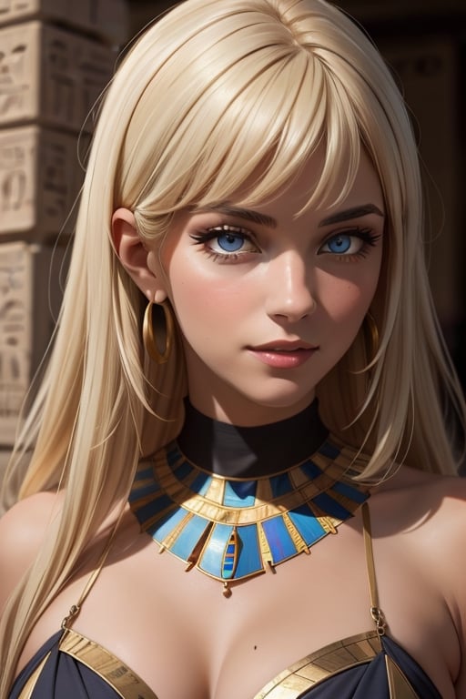 An incredibly beautiful young femme fatale is a golden-haired blonde with blue eyes, long golden hair and long bangs, dressed in long ancient Egyptian clothes. Masterpiece, perfect image, realistic shots, detailed study of faces, full-length image, 8k, detailed image. extremely detailed illustration, a real masterpiece of the highest quality, with careful drawing. Full-length image. mature woman, egypt, egyptian, mature woman,, ancient egyptian clothes,