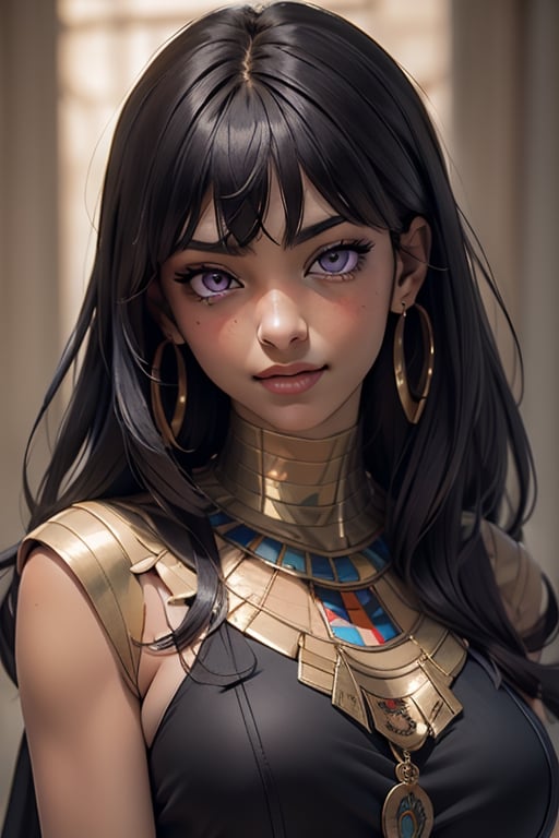 An incredibly beautiful young femme fatale brunette, with long bangs, purple eyes, long black hair, dressed in long ancient Egyptian clothes. Masterpiece, perfect image, realistic shots, detailed study of faces, full-length image, 8k, detailed image. extremely detailed illustration, a real masterpiece of the highest quality, with careful drawing. Full-length image. greek clothes.,sailor mars. mature woman, egypt, egyptian, mature woman, ancient egyptian clothes, sama1,SMMars