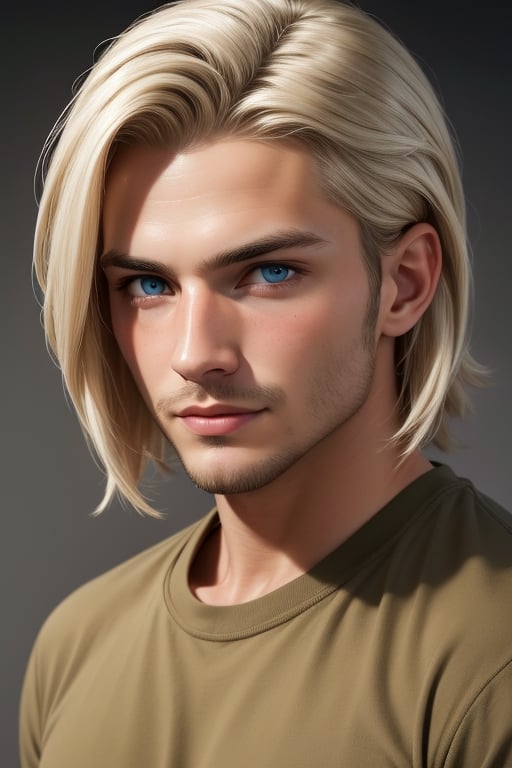 Tall, handsome, athletic, statuesque, courageous adult man, platinum blonde with blue eyes, long straight platinum hair, straight nose with a hump, high cheekbones, strong-willed chin, forehead hidden by long platinum bangs, dressed in an olive-colored T-shirt. Masterpiece, detailed study of the face, beautiful face, beautiful facial features, perfect image, realistic shots, detailed study of faces, full-length image, 8k, detailed image, extremely detailed illustration, a real masterpiece of the highest quality, with careful drawing. detailed eyes, beautiful face, blue eyes, handsome blond male, handsome male, platinum_blonde_hair, white hair, clean-shaven face, wrenchftmfshn smooth face. smooth facial skin, no facial hair, no facial hair, wrenchftmfshn, 