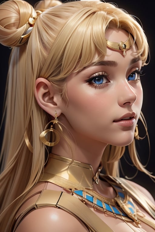 An incredibly beautiful young femme fatale is a golden-haired blonde with blue eyes, two bunches on her head and two long golden tails, dressed in an ancient Greek chiton. Masterpiece, perfect image, realistic shots, detailed study of faces, full-length image, 8k, detailed image. extremely detailed illustration, a real masterpiece of the highest quality, with careful drawing. Full-length image, aausagi,serena tsukino mature woman, egypt, egyptian, mature woman, ancient egyptian clothes, double bun