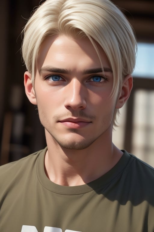 Tall, handsome, athletic, statuesque, courageous adult man, platinum blonde with blue eyes, long straight platinum hair, straight nose with a hump, high cheekbones, strong-willed chin, forehead hidden by long platinum bangs, dressed in an olive-colored T-shirt. Masterpiece, detailed study of the face, beautiful face, beautiful facial features, perfect image, realistic shots, detailed study of faces, full-length image, 8k, detailed image, extremely detailed illustration, a real masterpiece of the highest quality, with careful drawing. detailed eyes, beautiful face, blue eyes, handsome blond male, handsome male, platinum_blonde_hair, white hair, clean-shaven face, wrenchftmfshn smooth face. smooth facial skin, no facial hair, no facial hair, wrenchftmfshn, 