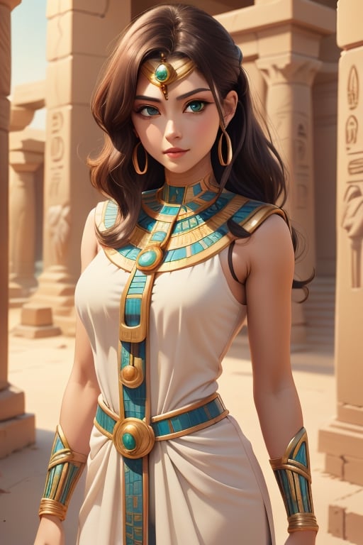 An incredibly beautiful young femme fatale with green eyes, curly chocolate hair pulled back in a ponytail, dressed in long ancient Egyptian clothes. Masterpiece, perfect image, realistic shots, detailed study of faces, full-length image, 8k, detailed image. extremely detailed illustration, a real masterpiece of the highest quality, with careful drawing. Full-length image. greek clothes. sailor jupiter. mature woman, egypt, egyptian, mature woman, ancient egyptian clothes,smjupiter,sailor jupiter