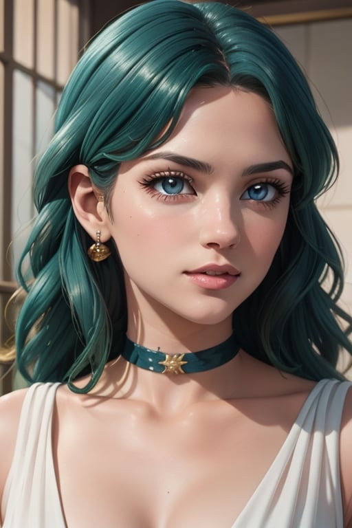 An incredibly beautiful young femme fatale with aquamarine eyes, long curly aquamarine hair, dressed in a long ancient Greek chiton. Masterpiece, perfect image, realistic shots, detailed study of faces, full-length image, 8k, detailed image. extremely detailed illustration, a real masterpiece of the highest quality, with careful drawing. Full-length image. greek clothes.,sailor neptune, mature woman