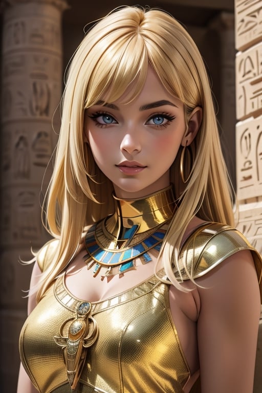 An incredibly beautiful young femme fatale is a golden-haired blonde with blue eyes, long golden hair and long bangs, dressed in long ancient Egyptian clothes. Masterpiece, perfect image, realistic shots, detailed study of faces, full-length image, 8k, detailed image. extremely detailed illustration, a real masterpiece of the highest quality, with careful drawing. Full-length image. mature woman, egypt, egyptian, mature woman,, ancient egyptian clothes,EPsmSailorVenus