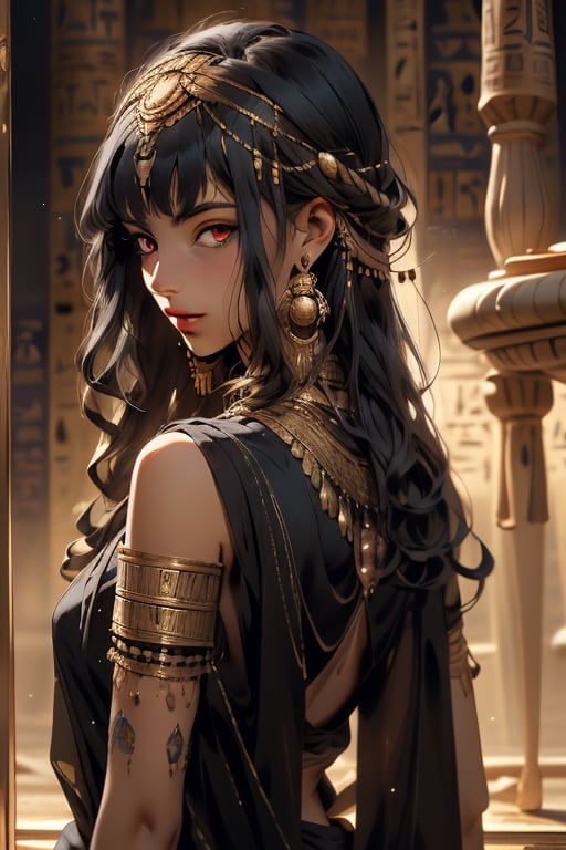 An incredibly beautiful young femme fatale with garnet eyes, long straight black and green hair, one bunch of hair on top of the head. dressed in a long ancient Greek chiton. Masterpiece, perfect image, realistic shots, detailed study of faces, full-length image, 8k, detailed image. extremely detailed illustration, a real masterpiece of the highest quality, with careful drawing. Full-length image. greek clothes., mature woman, pluto, meiou setsuna, egypt, egyptian