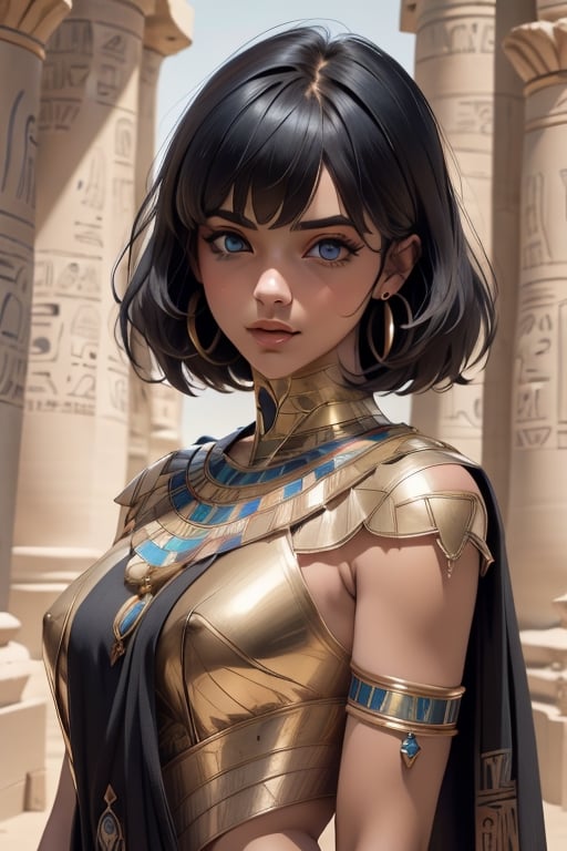 An incredibly beautiful young femme fatale brunette, with long bangs, blue eyes, short black hair, dressed in long ancient Egyptian clothes. Masterpiece, perfect image, realistic shots, detailed study of faces, full-length image, 8k, detailed image. extremely detailed illustration, a real masterpiece of the highest quality, with careful drawing. Full-length image. greek clothes.,mer1, mature woman, egypt, egyptian, mature woman, ancient egyptian clothes,
