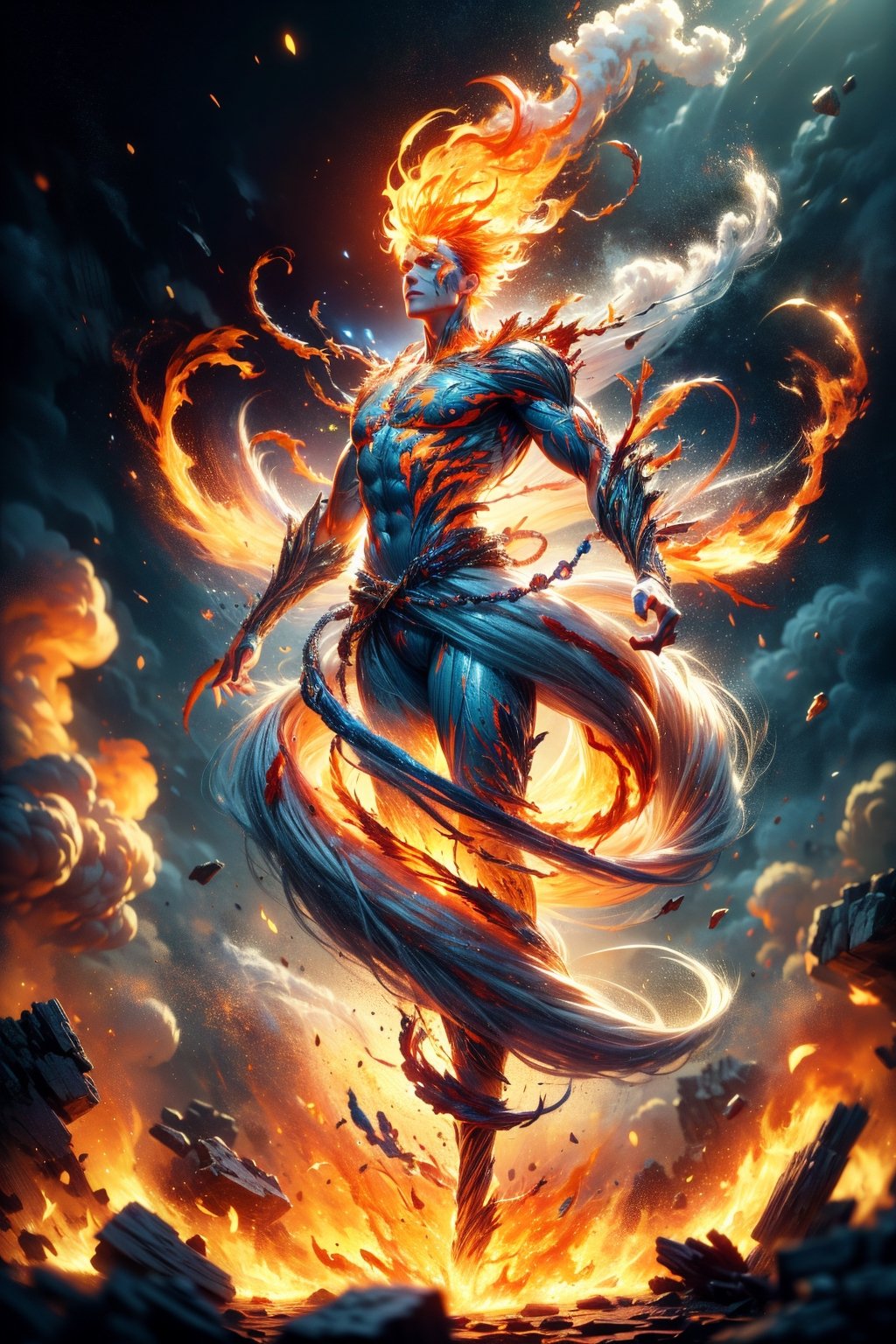 photographic, cinematic, super high detailed, super realistic image, 8k, HDR, super high quality image, master realistic image, perfect, detailed face, solo, (1boy), messy hair, orange hair, melancholy eyes, wore a red colored robe with glowing totemic embroidery, tribal tattoos, flame pentagram necklace, refined muscular body, tall, vibrant, detailed character design, reminiscent of fighting video games, full body shot, capturing the essence of ancient and immortality, dynamic, tiny maritime floating DonM3l3m3nt4l, smoke,