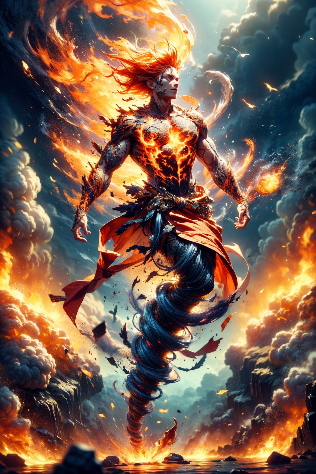 photographic, cinematic, super high detailed, super realistic image, 8k, HDR, super high quality image, master realistic image, perfect, detailed face, solo, (1boy), messy hair, orange hair, wore a red colored robe with glowing totemic embroidery, tribal tattoos, flame pentagram necklace, refined muscular body, tall, vibrant, detailed character design, reminiscent of fighting video games, full body shot, capturing the essence of ancient and immortality, dynamic, tiny maritime floating DonM3l3m3nt4l, smoke,