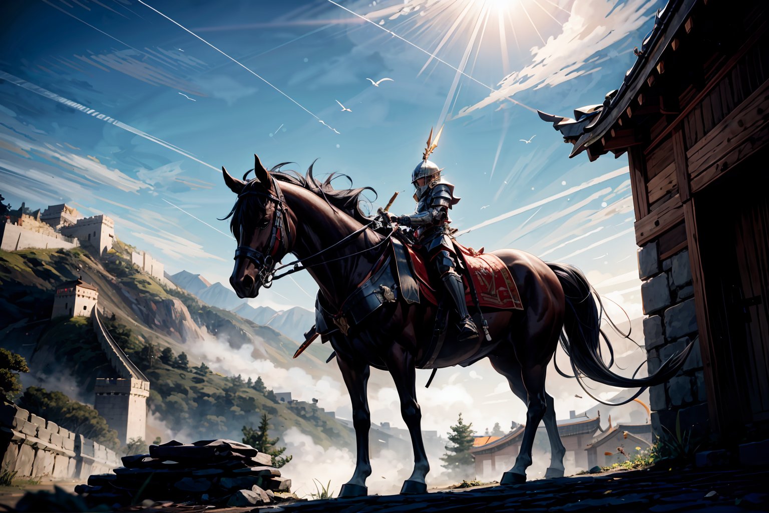 A majestic warhorse carries an ancient Chinese general, clad in armor, grasping a sturdy spear, as he stands guard at Shanhaiguan Pass. The imposing structure of the Great Wall snakes across the mountainous landscape, its ancient stones blending seamlessly into the rugged terrain. The general's determined gaze surveys the surroundings, his armor glinting in the sunlight, as the pass's strategic importance is palpable.