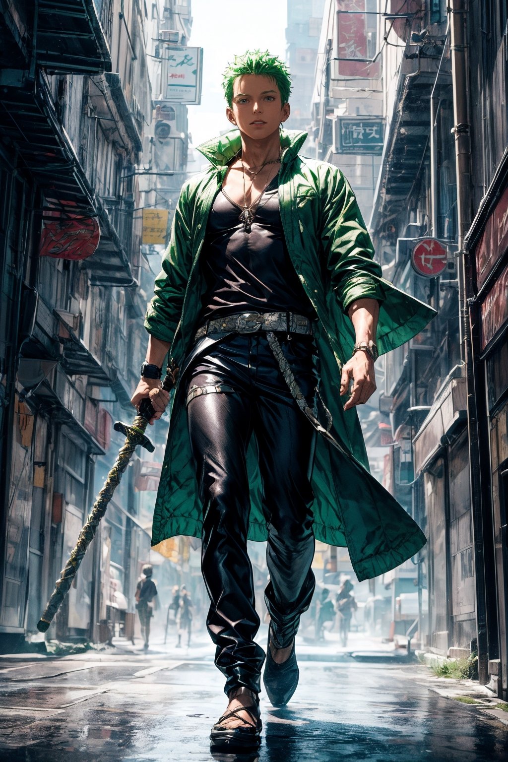 solo, Roronoa Zoro, the iconic character from the One Piece anime: "Generate a striking and highly detailed visual representation of the legendary martial artist, Roronoa Zoro, from the One Piece anime. Zoro is known for his distinctive appearance and formidable skills. His hair is a vibrant shade of green, complementing his determined brown eyes. He stands tall and resolute, exuding an air of strength and unwavering determination. Zoro is clad in his signature green outfit, complete with a white haramaki and a bandana. In his skilled hands, he wields a long staff, unique and finely detailed. The long staff should be a reflection of his mastery and the essence of his character. This image should capture the essence of Zoro's iconic appearance, showcasing his powerful presence and his status as one of the most beloved characters in the One Piece series, full body shot, blank background. " Photographic cinematic super high detailed super realistic image, 8k HDR super high quality image, masterpiece, perfect eyes, Zoro, ((perfect hands)), ((super high detailed image)), ((perfect long staff)), 