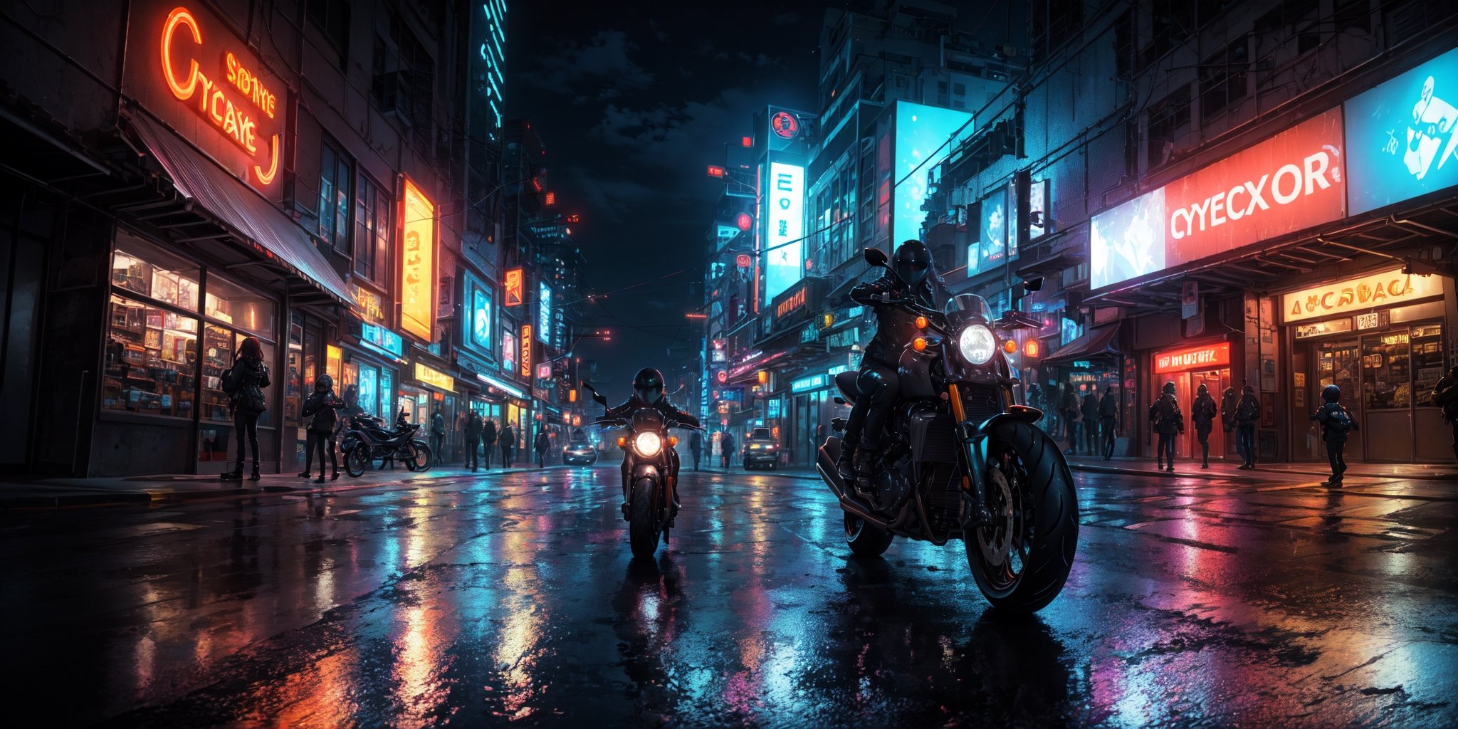In a neon-lit, (A mother drives a motorcycle with her child), (back:1.3), futuristic cityscape, a cyber-enhanced individual, technologically advanced world, reflective surfaces capture the neon reflections, and dramatic lighting enhances the sci-fi aesthetic, their appearance is a masterpiece of futuristic fashion and cybernetic enhancements, fate/stay background, perfect light