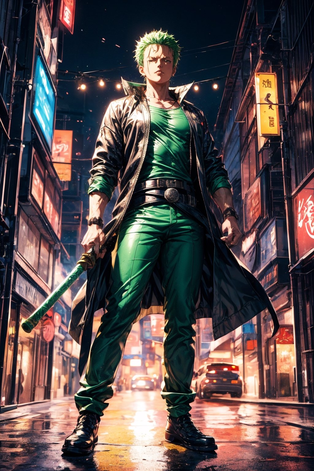 solo, Roronoa Zoro, the iconic character from the One Piece anime: "Generate a striking and highly detailed visual representation of the legendary martial artist, Roronoa Zoro, from the One Piece anime. Zoro is known for his distinctive appearance and formidable skills. His hair is a vibrant shade of green, complementing his determined brown eyes. He stands tall and resolute, exuding an air of strength and unwavering determination. Zoro is clad in his signature green outfit, complete with a white haramaki and a bandana. In his skilled hands, he wields a long staff, unique and finely detailed. The long staff should be a reflection of his mastery and the essence of his character. This image should capture the essence of Zoro's iconic appearance, showcasing his powerful presence and his status as one of the most beloved characters in the One Piece series, full body shot, blank background. " Photographic cinematic super high detailed super realistic image, 8k HDR super high quality image, masterpiece, perfect eyes, Zoro, ((perfect hands)), ((super high detailed image)), ((perfect long staff)), 