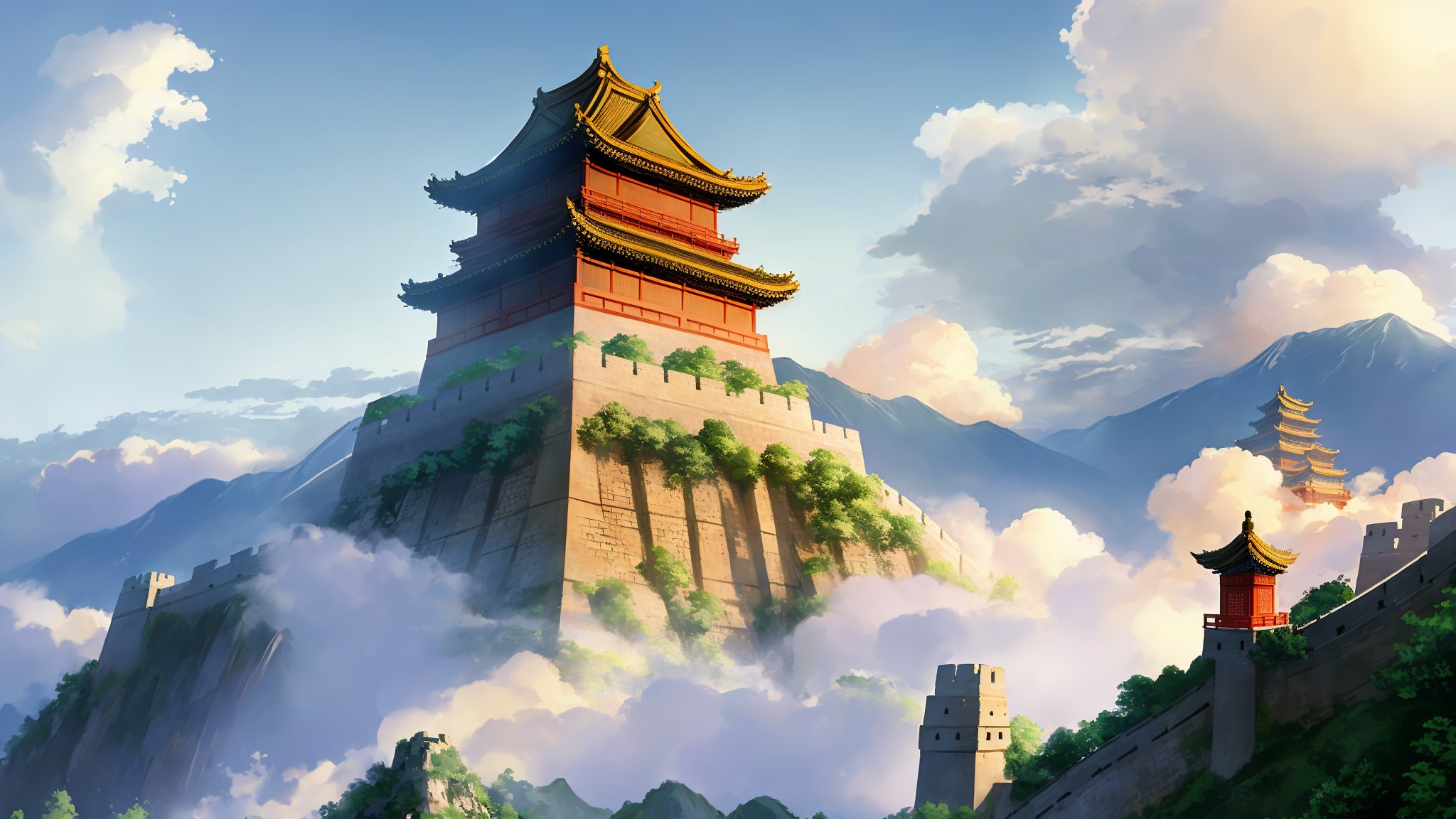 Inspired by ancient Chinese mythology, a city gate whose architectural style resembles the ancient Great Wall of Shanhaiguan stands among the clouds and mist of the fairyland.