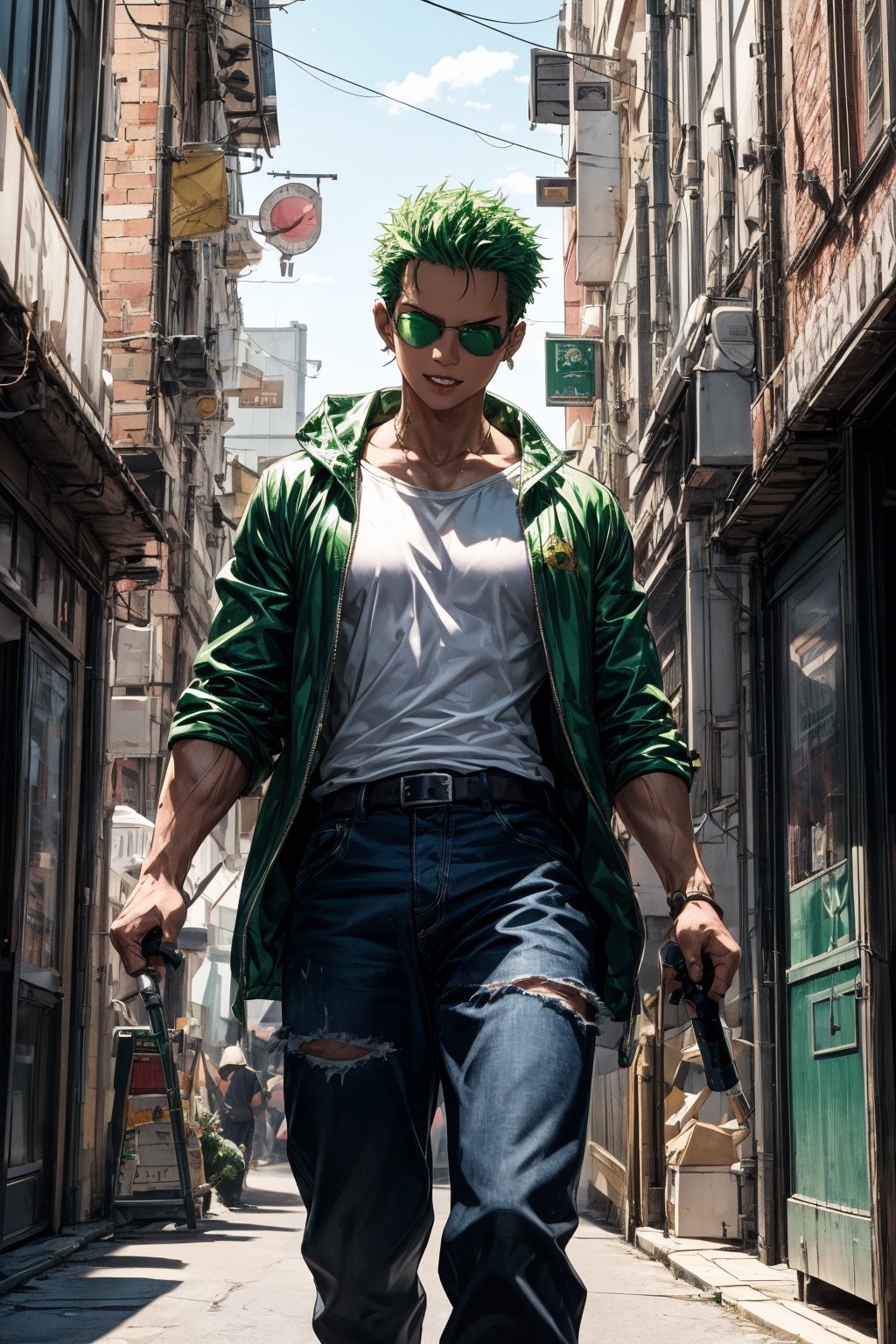 solo, Roronoa Zoro, the iconic character from the One Piece anime: "Generate a striking and highly detailed visual representation of the legendary martial artist, Roronoa Zoro, from the One Piece anime. Zoro is known for his distinctive appearance and formidable skills. His hair is a vibrant shade of green, complementing his determined brown eyes. He stands tall and resolute, exuding an air of strength and unwavering determination. Zoro is clad in his signature green outfit, complete with a white haramaki and a bandana. In his skilled hands, he wields a long staff, unique and finely detailed. The long staff should be a reflection of his mastery and the essence of his character. This image should capture the essence of Zoro's iconic appearance, showcasing his powerful presence and his status as one of the most beloved characters in the One Piece series, full body shot. " Photographic cinematic super high detailed super realistic image, 8k HDR super high quality image, masterpiece, perfect eyes, Zoro, ((perfect hands)), ((super high detailed image)), ((perfect long staff)), 