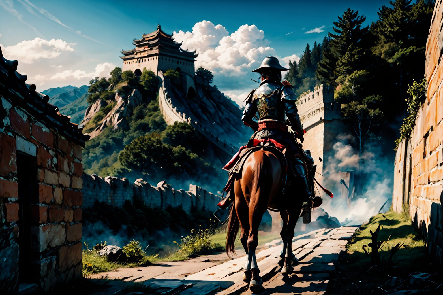 A majestic shot frames an ancient Chinese general atop a mighty war horse. The noble warrior dons full armor, spear at the ready, as he stands guard before the iconic Shanhaiguan Pass. The Great Wall's serpentine structure winds its way through the surrounding mountains, a testament to human ingenuity and perseverance, (MkmCut)