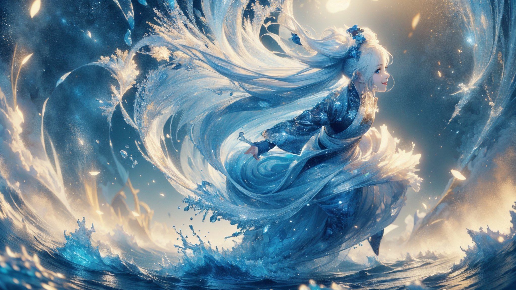 hyper detailed masterpiece, dynamic, awesome quality, minute aqueous floating DonM3l3m3nt4l, stark beauty, wizardly, well-functioning, charming, halcyon, (masterpiece, top quality, best quality, official art, beautiful and aesthetic:1.2), solo, 1girl, Chinese, long silver hair, hanfu, long robe, with bun accessories, extreme detailed, (abstract, fractal art:1.3), highest detailed, water, ice, lightning, light_particles,