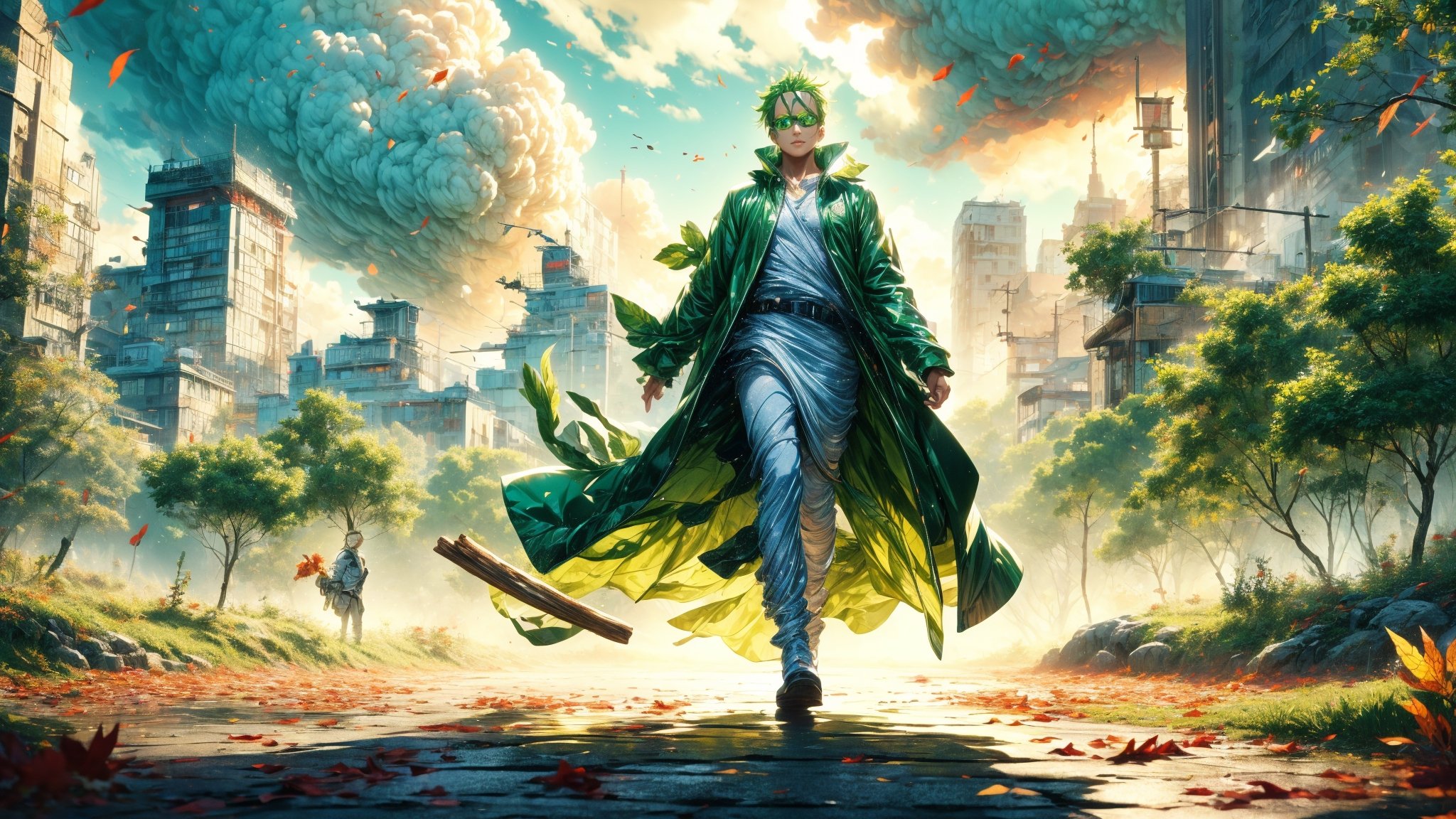 hyper detailed masterpiece, dynamic, awesome quality, large tempestuous DonM3l3m3nt4l, customized, comforting, steam, leaves, rustling leaves, concealed. solo, Roronoa Zoro, the iconic character from the One Piece anime: "Generate a striking and highly detailed visual representation of the legendary swordsman, Roronoa Zoro, from the One Piece anime. Zoro is known for his distinctive appearance and formidable skills. His hair is a vibrant shade of green, complementing his determined brown eyes. He stands tall and resolute, exuding an air of strength and unwavering determination. Zoro is clad in his signature green outfit, complete with a white haramaki and a bandana. In his skilled hands, he wields not one but two sticks, each one unique and finely detailed. The sticks should be a reflection of his mastery and the essence of his character. This image should capture the essence of Zoro's iconic appearance, showcasing his powerful presence and his status as one of the most beloved characters in the One Piece series." Photographic cinematic super high detailed super realistic image, 8k HDR super high quality image, masterpiece, perfect eyes, Zoro, ((perfect hands)), ((super high detailed image)), ((perfect sticks)), forest background