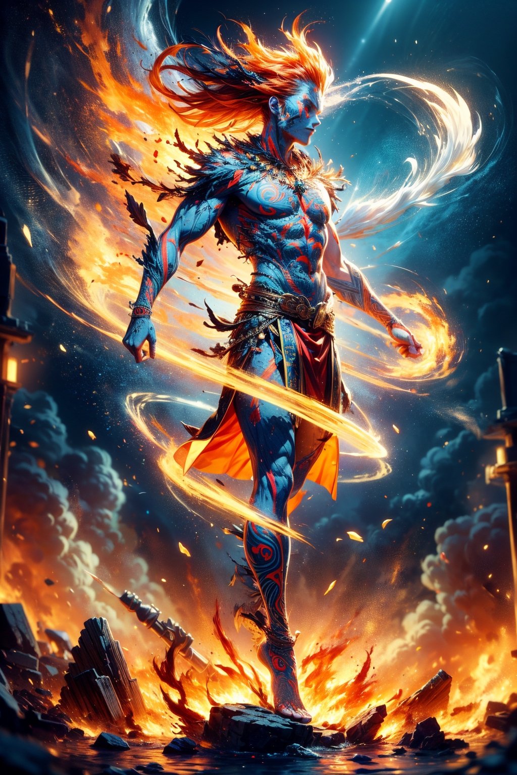 photographic, cinematic, super high detailed, super realistic image, 8k, HDR, super high quality image, master realistic image, perfect, detailed face, solo, (1boy), messy hair, orange hair, blue eyes, wore a red colored robe with glowing totemic embroidery, tribal tattoos, flame pentagram necklace, refined muscular body, tall, vibrant, detailed character design, reminiscent of fighting video games, full body shot, capturing the essence of ancient and immortality, dynamic, tiny maritime floating DonM3l3m3nt4l, smoke,