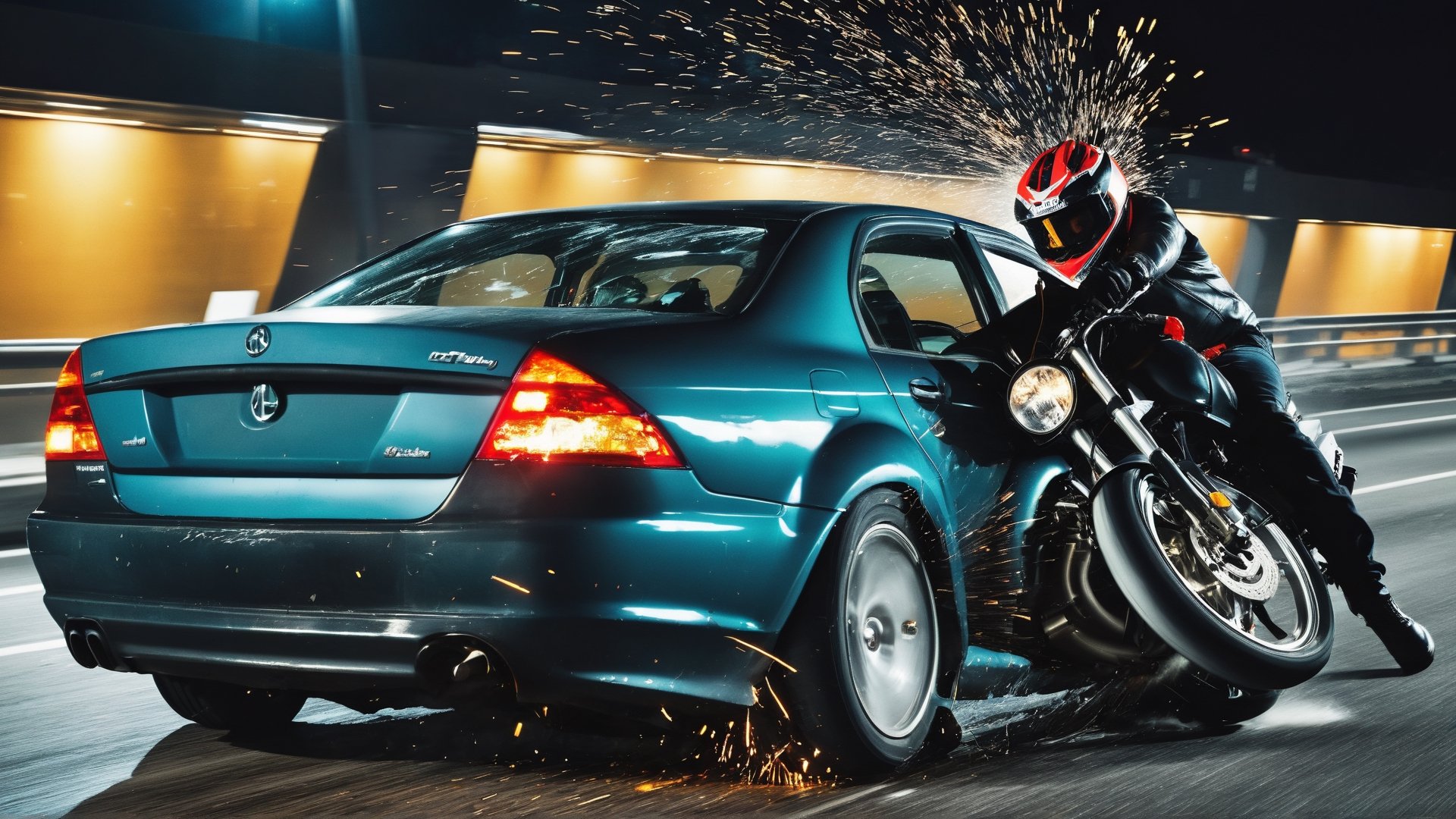 create a biker crashing in the other vehicle on high speed, detaleid crash, nightime , sad mood , photo real, 