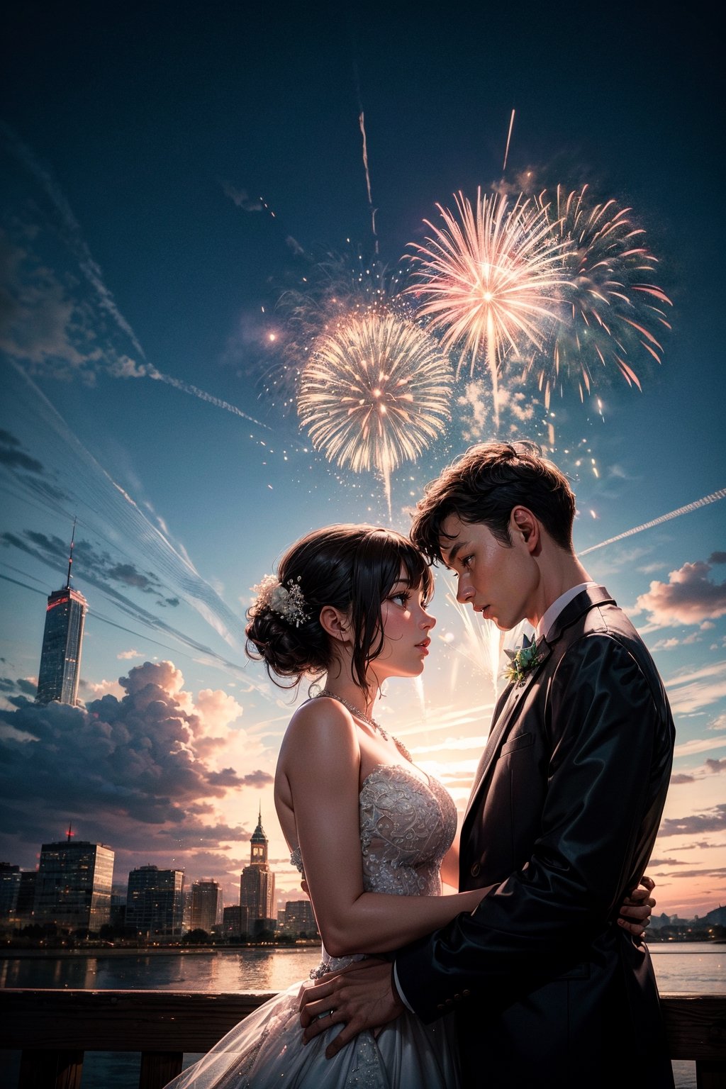 A couple getting married, outdoor, landscape, fireworks in a sky. Raw photo, depth of field, UHD, retina, masterpiece, super detail, high details, high quality, award winning, best quality, highres, 