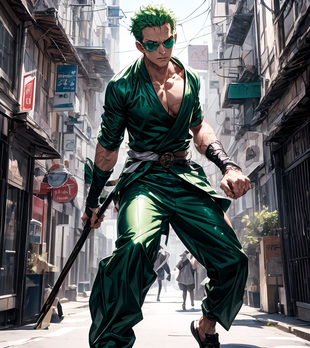 solo, Roronoa Zoro, the iconic character from the One Piece anime: "Generate a striking and highly detailed visual representation of the legendary martial artist, Roronoa Zoro, from the One Piece anime. Zoro is known for his distinctive appearance and formidable skills. His hair is a vibrant shade of green, complementing his determined brown eyes. He stands tall and resolute, exuding an air of strength and unwavering determination. Zoro is clad in his signature green outfit, complete with a white haramaki and a bandana. In his skilled hands, he wields a long staff, unique and finely detailed. The long staff should be a reflection of his mastery and the essence of his character. This image should capture the essence of Zoro's iconic appearance, showcasing his powerful presence and his status as one of the most beloved characters in the One Piece series, full body shot, blank background. " Photographic cinematic super high detailed super realistic image, 8k HDR super high quality image, masterpiece, perfect eyes, Zoro, ((perfect hands)), ((super high detailed image)), ((perfect long staff)),