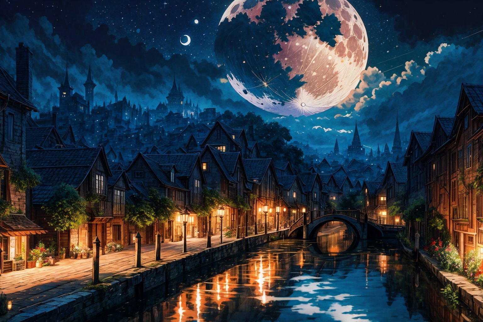 High quality, masterpiece, ,rayearth, a wooden boat traveling along a canal that passes through an ancient 
egyptian fantasy city, at night with the moon shining, aerial view
