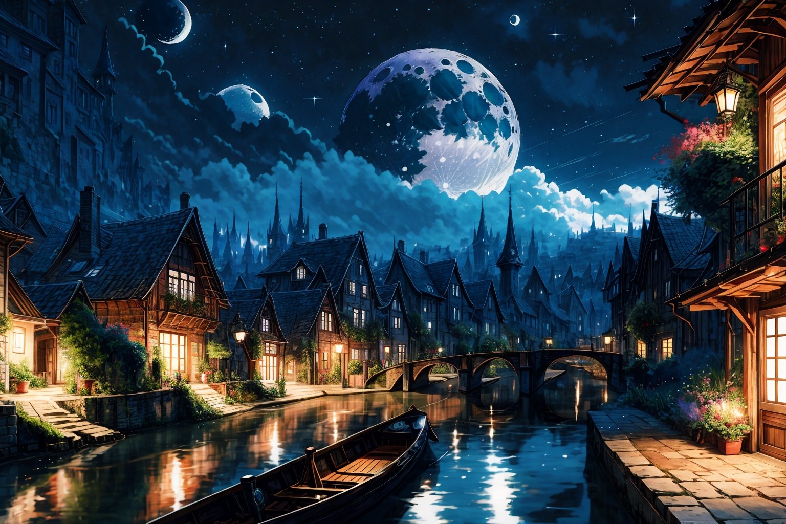 High quality, masterpiece, ,rayearth, a wooden boat traveling along a canal that passes through an ancient fantasy city, at night with the moon shining, aerial view