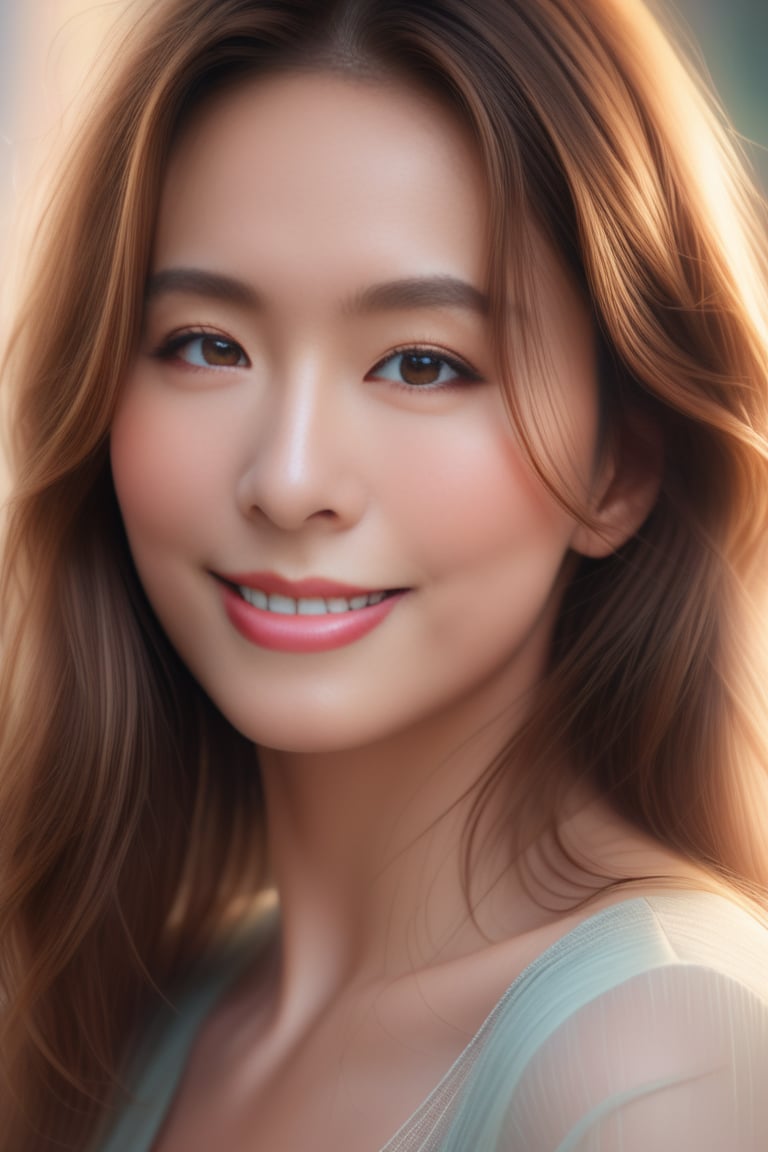 Beautiful woman, soft lighting, dreamy atmosphere, ethereal, high detail, portrait, elegant, delicate features, pastel colors, emotional expression, masterpiece, 8k resolution, Extremely high-resolution details, photographic, realism pushed to extreme, fine texture, incredibly lifelike, looking at viewer, solo focus, realistic, photorealistic, face details, real face, detailed eyes, detailed nose, 1girl, smile, brown hair,