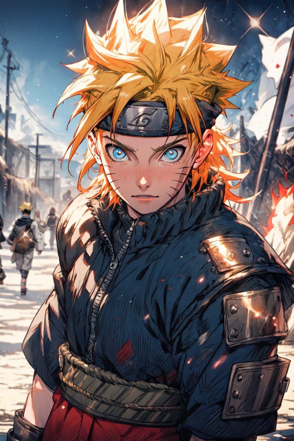 High quality, masterpiece, 1boy, sole male, 15 year old teenager, very hot, glowing pale white skin, long red hair, tall man, incandescent blue eyes, perfect figure, muscle, wide shoulders, strong arms,uzumaki naruto, armor,,nodf_lora,glitter,Naruto uzumaki ,n4rut0,Cabello amarillo ,facial mark,viking