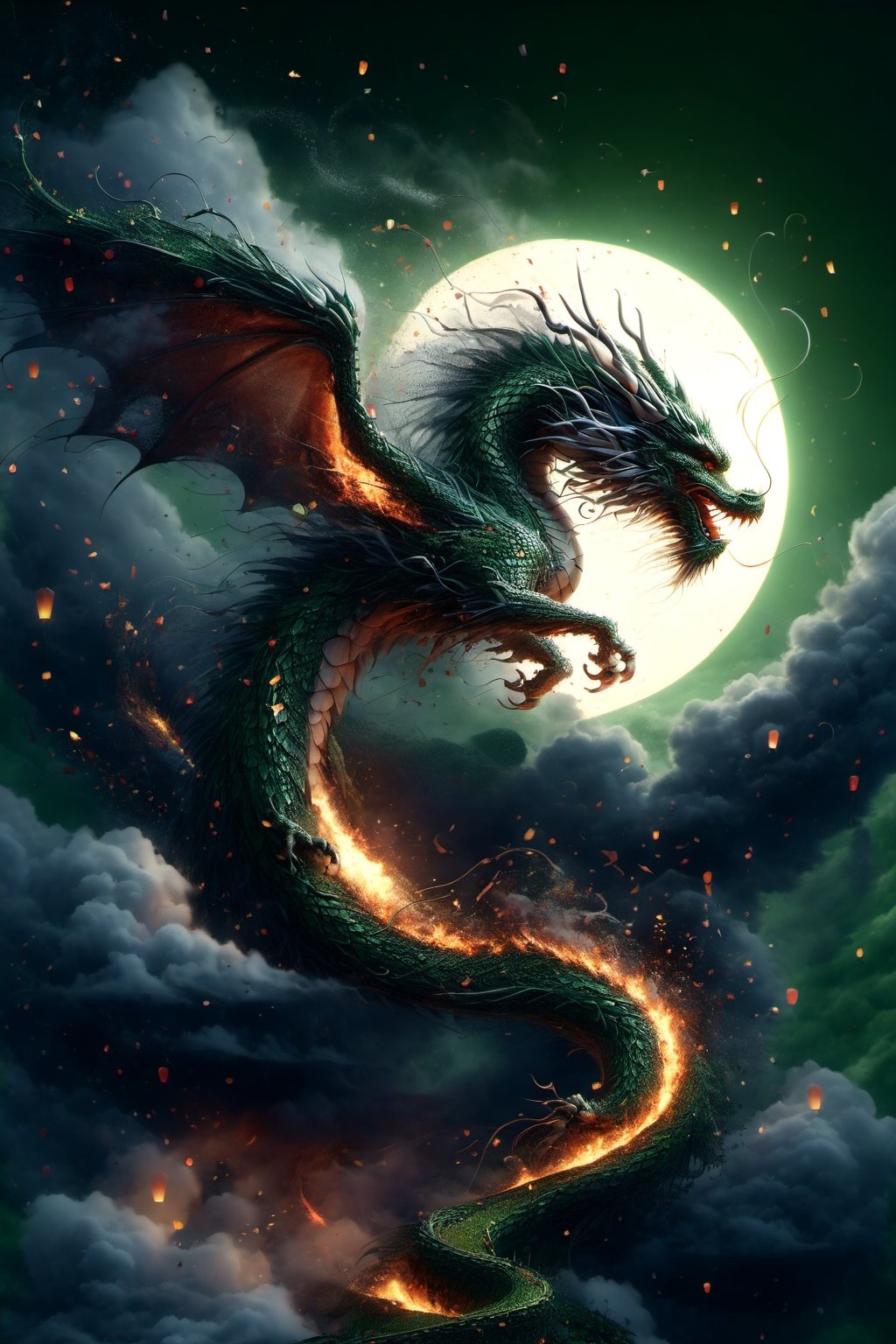 High quality, masterpiece, a western dragon standing on a green slope releasing a breath of fire towards the sky in a stormy night,DragonConfetti2024_XL