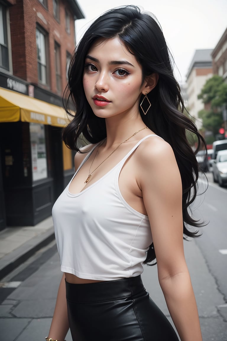 a 25 yo girl, seductive eyes, seductive smile, slim and sexy body, (long black hair), small breasts, Asian face, looking at viewer, blurred desaturated bokeh background, dark theme, soothing tones, muted colors, high contrast, (natural skin texture, hyperrealism, soft light, sharp), (2/3 body shot), artistic photoshoot, white spaghetti-strap tank top, matching tight skirt, Her look is accessorized with a necklace earrings and bracelets, She is standing on a city street, sexy pose