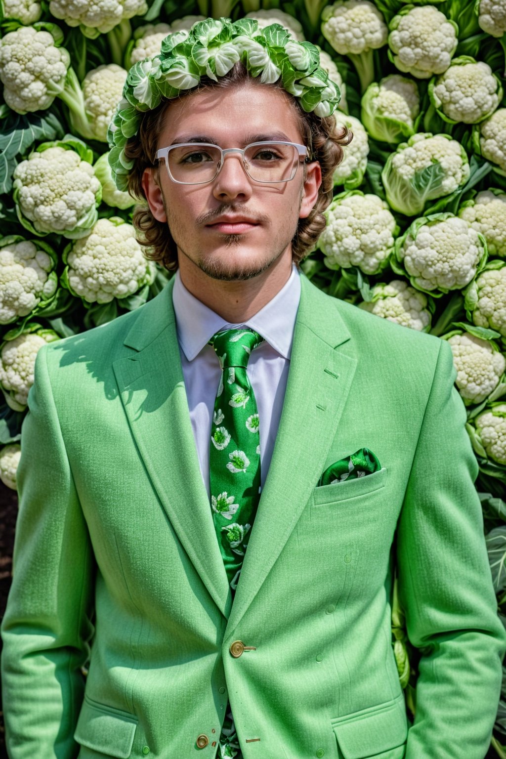 ((best quality)), ((upperbody shot)), ((masterpiece)), ((detailed)), ((4K)), modern portrait man 23 years old with a masculine face and glasses, dressed in an outfit entirely made of cauliflower. His appearance is unique: the suit, meticulously assembled from the white and green florets of cauliflower, includes a jacket, trousersї, green and white colors,Enhanced Reality