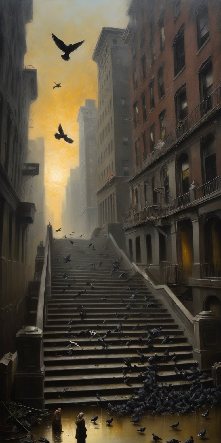 Oil Painting, (jp-j3a-1250), Dawn in New York has four pillars of muck and a hurricane of black pigeons splashing in the putrid waters. Dawn in New York moans on the immense staircases searching between the corners for spikenards of depicted anguish. Dawn arrives and no one receives it in his mouth because neither morning nor hope are possible: at times furiously swarming coins perforate and devour abandoned children.