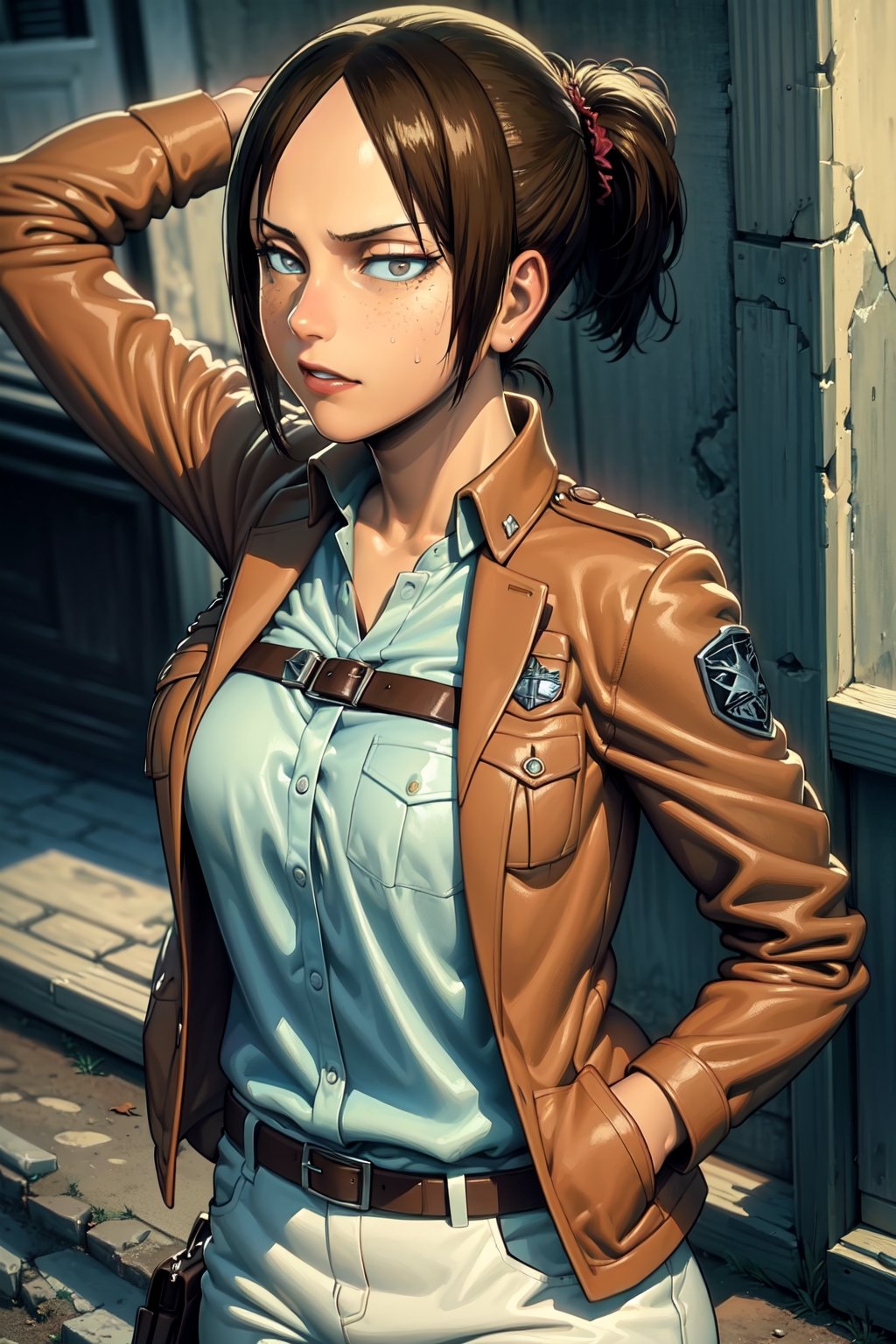 , 1girl, medium breasts,  ooking at viewer, short hair, grey eyes, upper body, Ymir , jacket, paradis military uniform, pants, shirt, brown jacket, belt, white pants, long sleeves, emblem, open jacket,  open clothes, thigh strap, boots, white shirt, collared_shirt, shirt, lasterk, Attack on Titan, brown_skin,freckles, medieval, dark_skinned_female, low_ponytail, hands_in_pockets, arms_in_back, 1girl, solo,