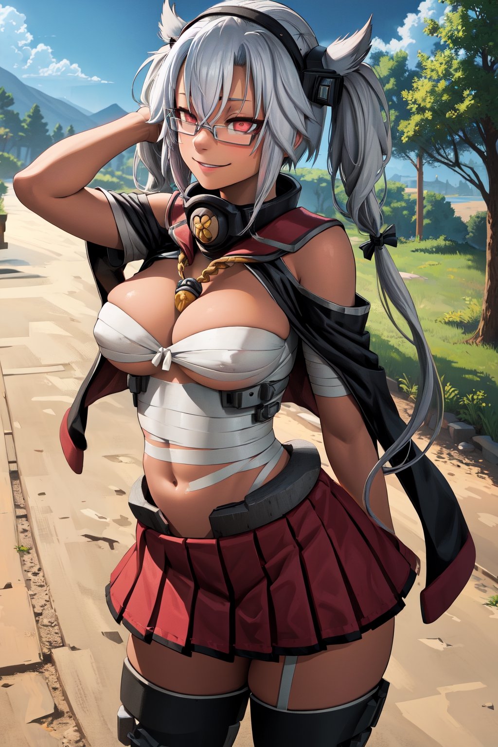 masterpiece, best quality, highres, aamusashi, long hair, twintails, headgear, dark skin, glasses, capelet, bandages, sarashi, red skirt, pleated skirt, black thighhighs, red eyes, , cowboy shot, standing, outdoors, smile, lasterk, hands_behind_head,