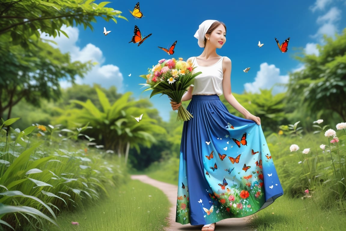 Let a thin, elegant lady with a headscarf have butterfly and heart-shaped shapes on her skirt with a long, wide circular skirt, a girl giving her a bouquet of flowers, children wandering around a deep blue sky in a lush green nature in a country garden special for Mother's Day, let the chirping woman with birds and butterflies look realistic.,Asian