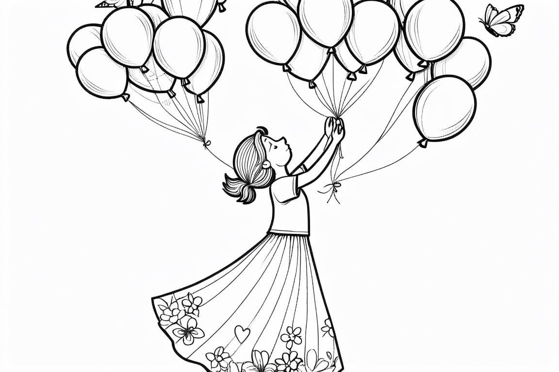 A mother holds a child up in the air with both hands. Let heart balloons, butterflies and birds fly around them. Let the mother's skirts consist of different flowers. LET IT BE A COLORING PAGE FOR STUDENTS.