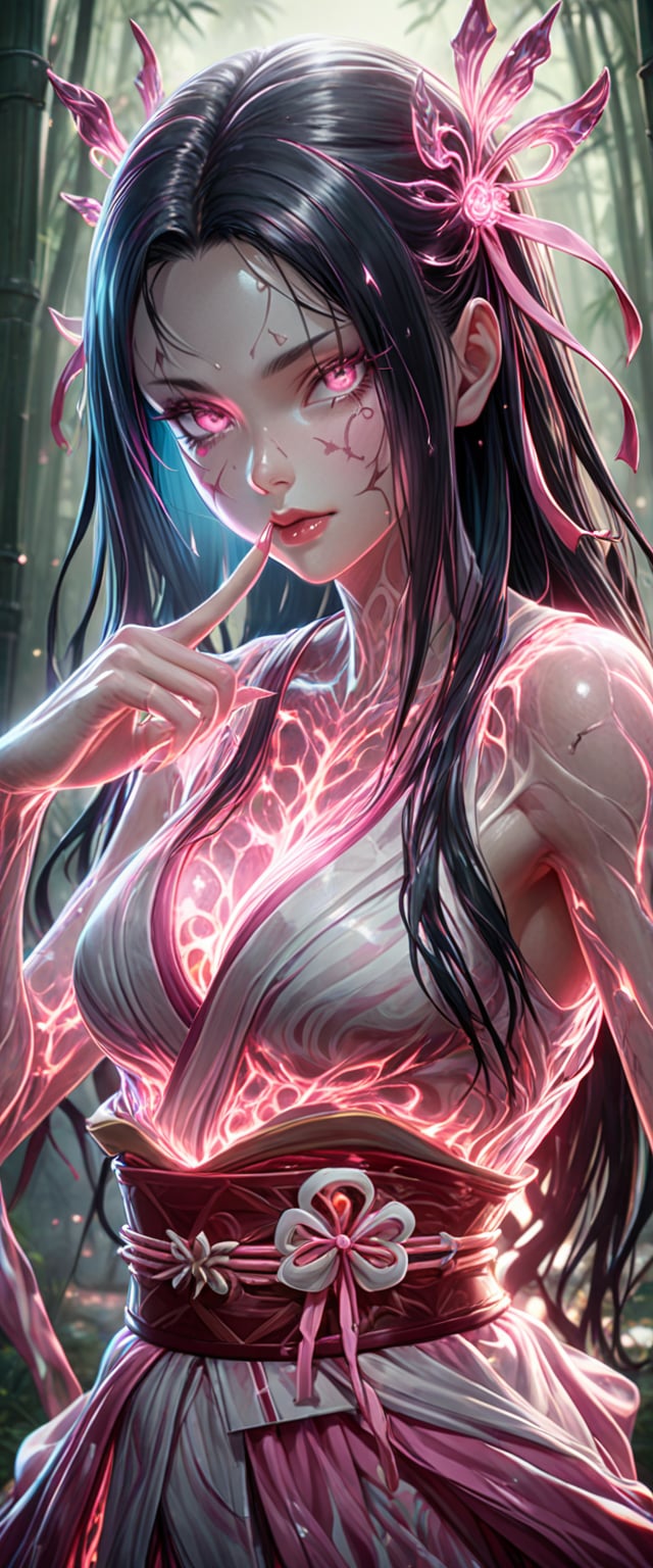 1girl, highly realistic, highly VFX, highly detailed, highly beautiful, highly glowing, highly beautiful, solo, long hair, breasts, looking at viewer, black hair, ribbon, cleavage, medium breasts, hair ribbon, upper body, multicolored hair, japanese clothes, sleeveless, pink eyes, kimono, lips, fingernails, sash, obi, slit pupils, index finger raised, finger to mouth, forehead, pink ribbon, veins, sharp fingernails, pink kimono, dark pink VFX, full smokey VFX, glowing VFX body, glowing VFX eyes, bamboo, shushing, cracked skin, serious face, glowing body, kamado nezuko