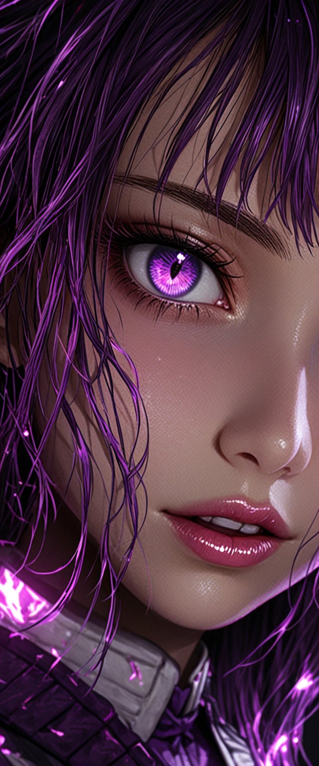 1girl, solo, looking at viewer, purple eyes, parted lips, purple hair, hand up, lips, eyelashes, portrait, close_up, VFX colour, highly detailed, highly realistic, highly glowing, highly beautiful, dark room, goddess look, shinobu koucho /(demon slayer)/