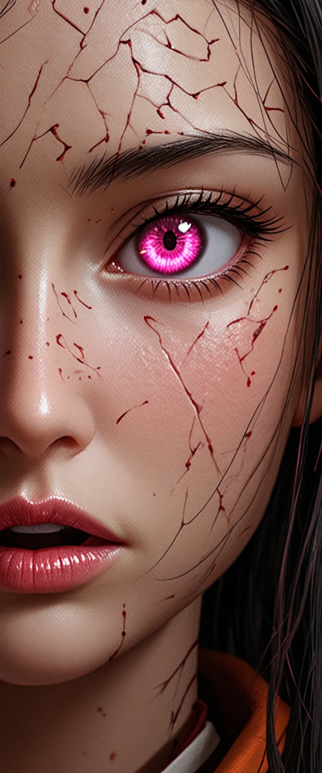 1girl, solo, looking at viewer, pink eyes, parted lips, black hair, hand up, lips, eyelashes, portrait, close_up, VFX colour, highly detailed, highly realistic, highly glowing, highly beautiful, dark room, goddess look, nezuko kamado /(demon slayer)/