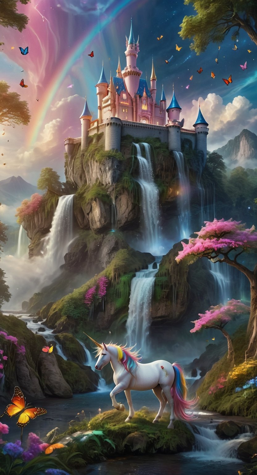 Beautiful unicorn, rainbow unicorn, magic forest, night sky, moon, fireflies, butterflies, beautiful and spectacular waterfalls, picturesque landscapes, gorgeous castles, (Masterpiece, Best Quality, 16K: 1.2), ( Ultra-detailed, high-resolution, extremely detailed, ridiculous, incredibly ridiculous, huge file size: 1.1), (photorealism: 1.3), Futurevolab, portraits, surreal illustrations, digital paintings.