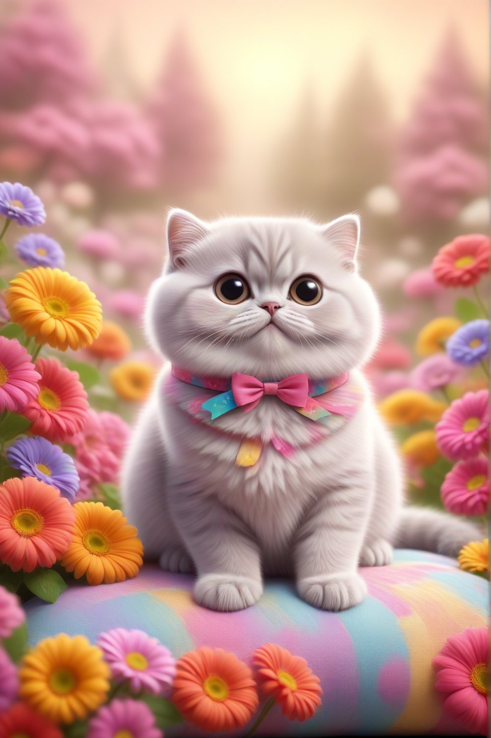 Beautiful kitten (Scottish Fold cat) sitting on a solid color cushion and smiling with a bow around her neck, surrounded by colorful flowers.  Super cute digital illustration, probably created on a graphics tablet and illustration software, from the contemporary era, using a vibrant, desaturated color palette and colorful flowers.  The background is a dreamy fairytale scene with a summer open air sky.,<lora:659095807385103906:1.0>