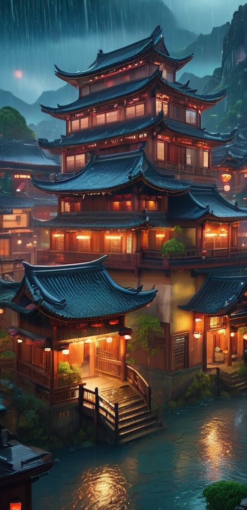 arafed view of a village with a lot of lights on the buildings, dreamy chinese town, chinese village, amazing wallpaper, japanese town, japanese village, hyper realistic photo of a town, old asian village, japanese city, by Raymond Han, rainy evening, cyberpunk chinese ancient castle, beautifully lit buildings, at evening during rain, beautiful and aesthetic, photography, cinematic, 8k, high detailed ((Heavy rain)))