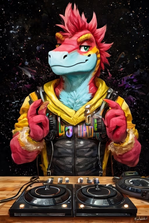 Dinosaur with the pacha pose and with DJ equipment