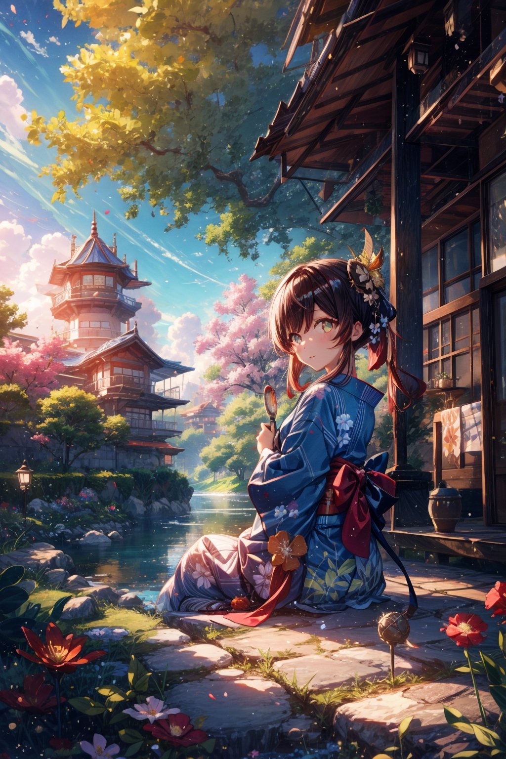 High quality, masterpiece, 1girl, shiny long red hair in a pnytail, brigth turquoise pupils, a long yukata with images of clouds and flowers, sitting under a tree and overlooking a lake,Illustration,ayaka_genshin,klee (genshin impact),wrenchmicroarch,seek,tshee00d,Futuristic room,ghostrider,dragonyear