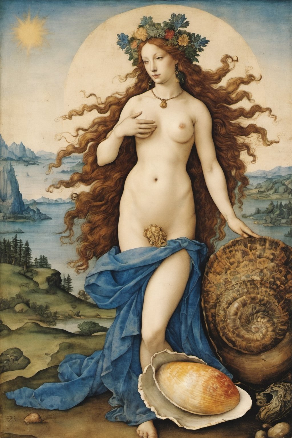 (Albrecht Dürer style: 1.3), a woman, medieval pattern, antique, decorative, vintage, retro, vintage, best quality, god, goddess of beauty - Venus, nude stepping on a large shell, right hand on chest,colorful,Precision